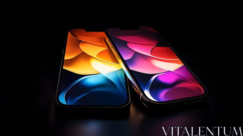 Two modern smartphones with vibrant abstract screens in darkness.