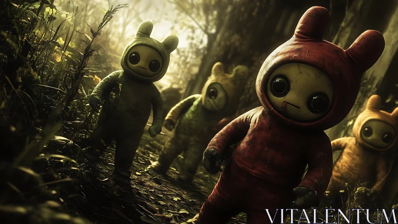 Four toy-like figures in animal suits in misty forest scene.