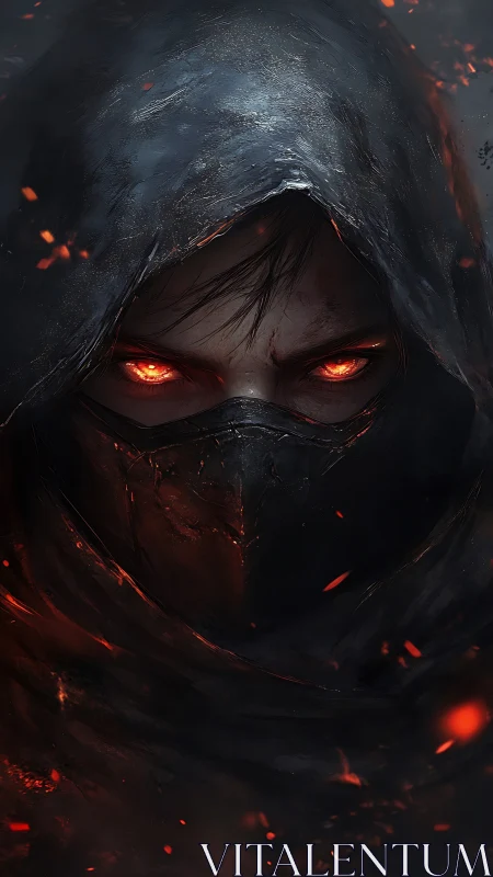 Hooded assassin with burning eyes emerges from shadow