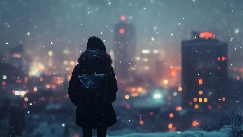 Solitary figure studies snowy city skyline at blue hour