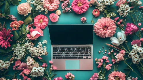 Open laptop centered among assorted pink flowers on teal