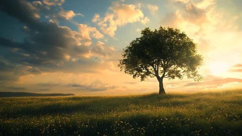 Solitary tree in golden meadow at sunset, realistic landscape scene.