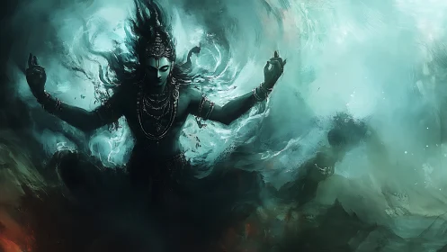 Serene cosmic deity resting within swirling teal mists.