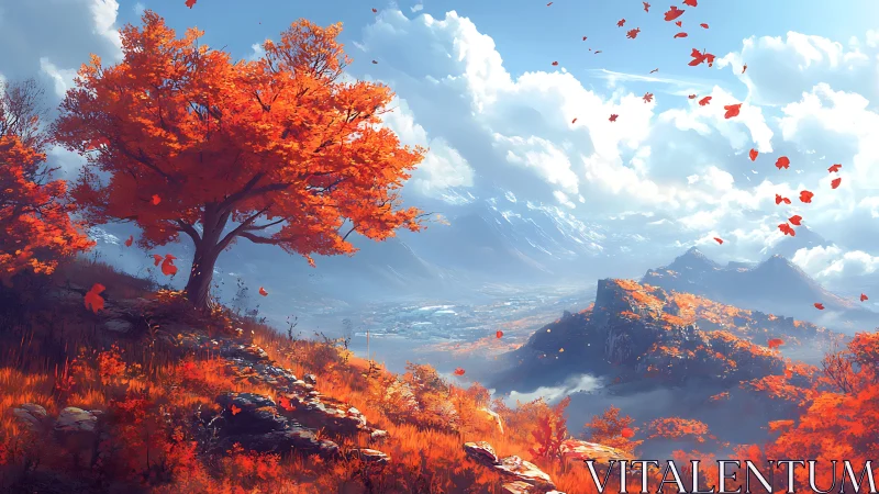 Golden autumn hillside overlooking distant blue mountains.