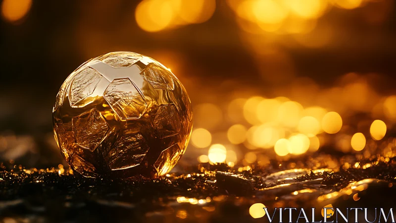 Golden glass soccer ball glows against blurred bokeh lights
