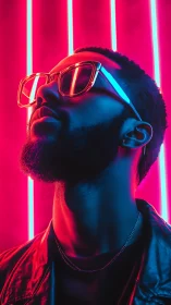 Portrait shows person in neon lighting with reflective glasses