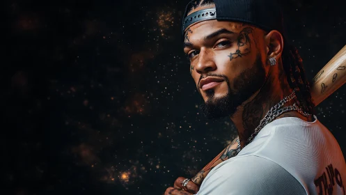 Starlit slugger with tattoos and attitude in cosmic glow.