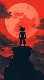 Silhouetted spiky-haired figure before large red moon.