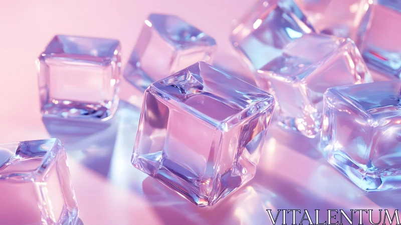Iridescent glass ice cubes glow on a soft pink backdrop