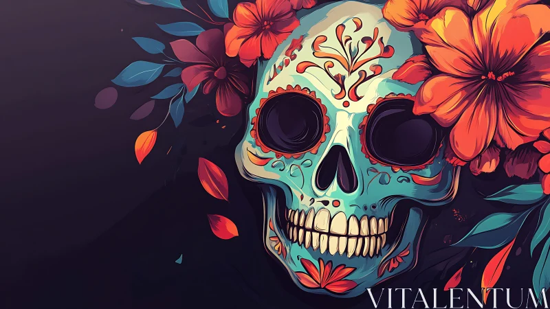 Floral sugar skull illustration with high-contrast vector shading and color gradients