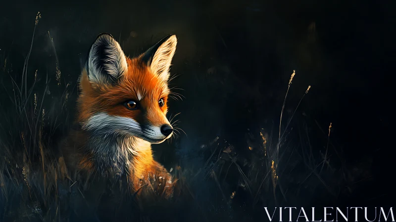 Fox illuminated in twilight reeds with cinematic contrast.