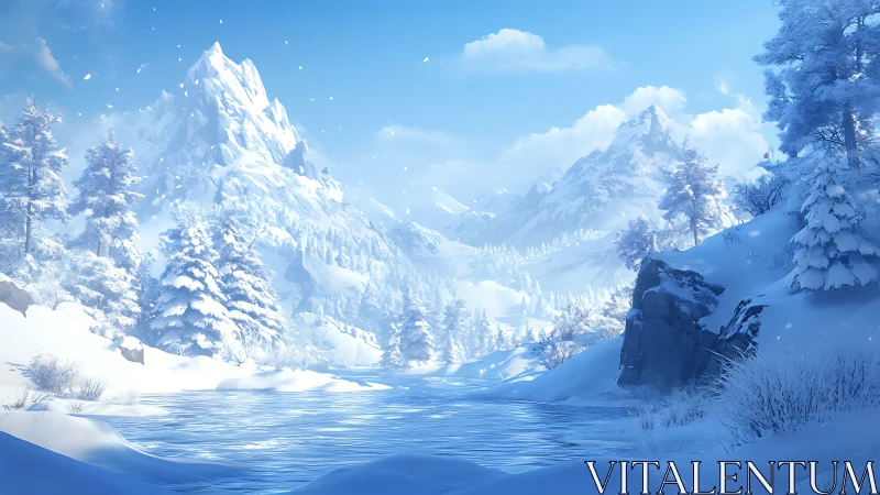 Snowbound alpine valley with crystal river and peaks.