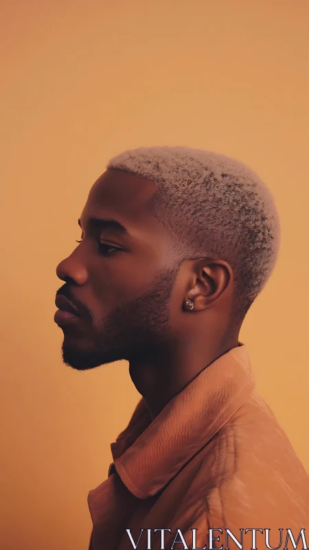 Side profile portrait of man against warm orange backdrop.