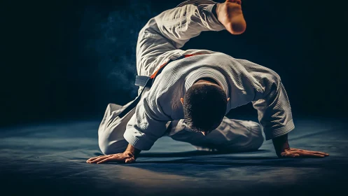 Dynamic judo breakfall captured in mid-kinematic rotation.
