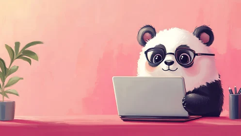 Cartoon panda with glasses uses laptop at desk in pink studio