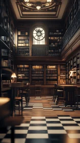 Whispering clockwork library under chessboard floors of light.