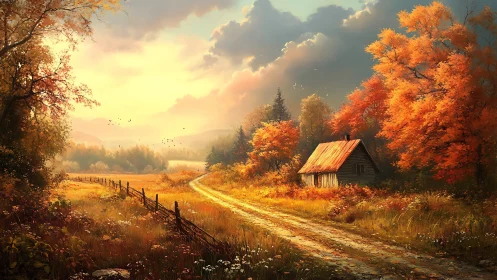 Golden autumn country lane with rustic cottage and glow.