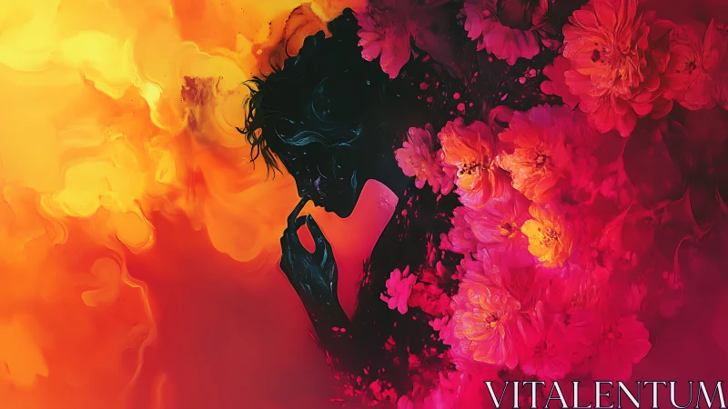 Silhouette in bloom, drifting through molten sunset petals.