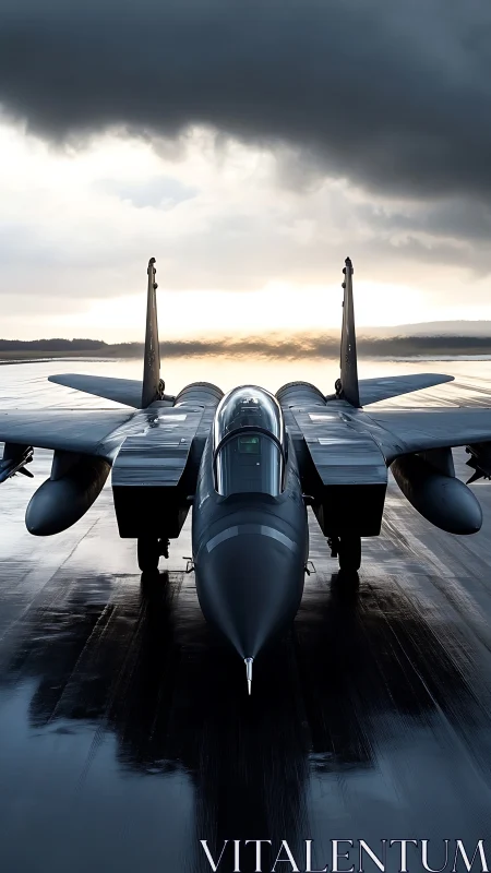 Stealth jet fighter aligned on wet runway at stormy sunrise.