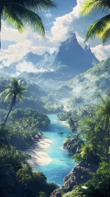 Tropical Paradise Valley with Dramatic Mountain Peak and Turquoise River