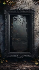 Ornate vertical frame encloses a dim stone passageway