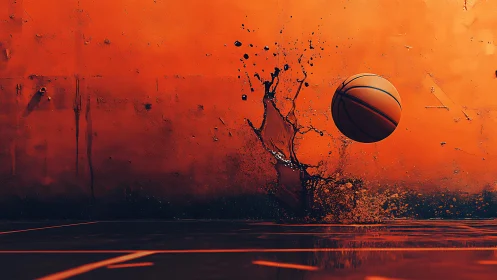Basketball in motion against textured orange liquid wall.