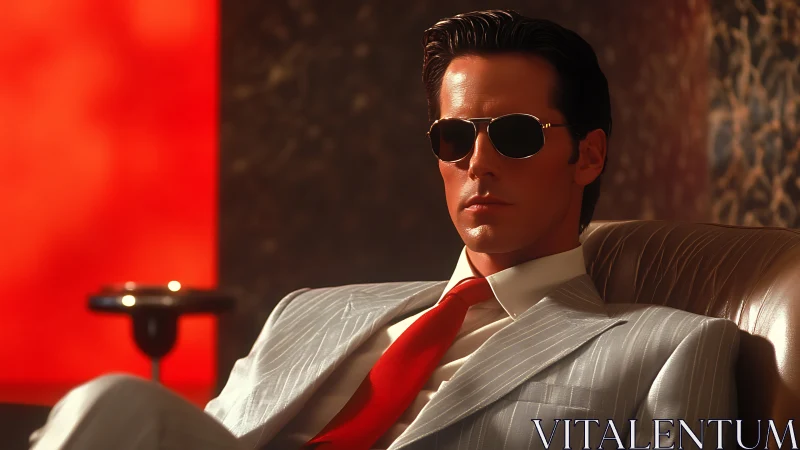Man in pinstripe suit sits on leather chair wearing sunglasses