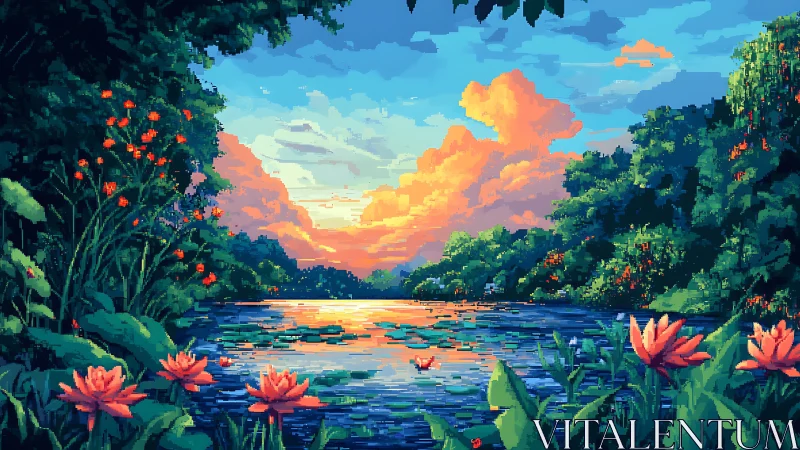 Sunset lily pond in lush pixel forest glow.