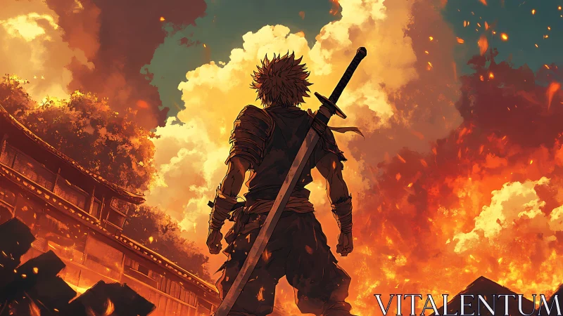 Lone anime swordsman confronts blazing battlefield sky
