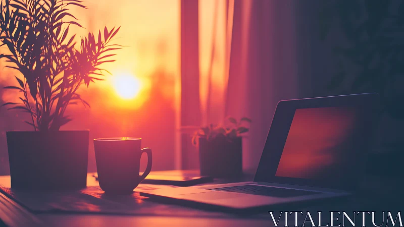 Cozy sunset desk with coffee, laptop, and calming plants.