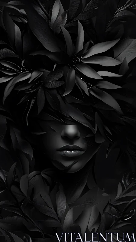 Monochrome female visage emerging from sculpted black foliage