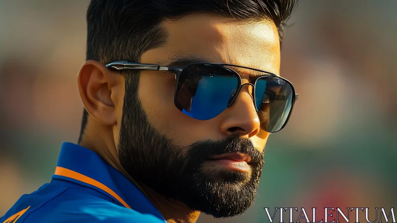 Confident bearded man in mirrored shades under warm sunlight