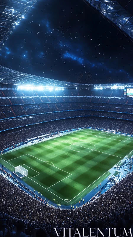 Floodlit football stadium under starry night sky panorama.