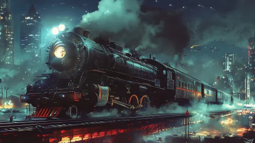 Steam locomotive cuts through neon-lit cyberpunk night