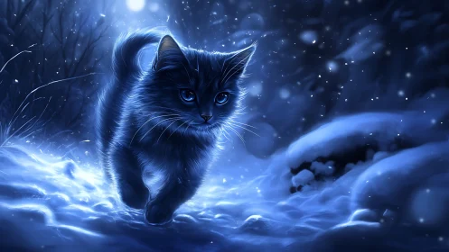 Arctic Feline Traversing Luminous Snowscape with Electric Ambiance