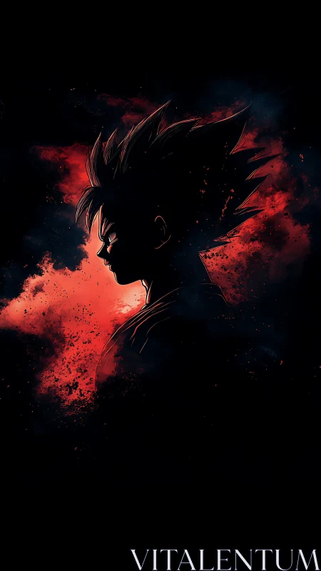 Brooding anime warrior in fiery red silhouette profile.
