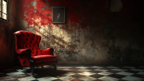 Crimson armchair keeps haunted watch in a peeling corridor