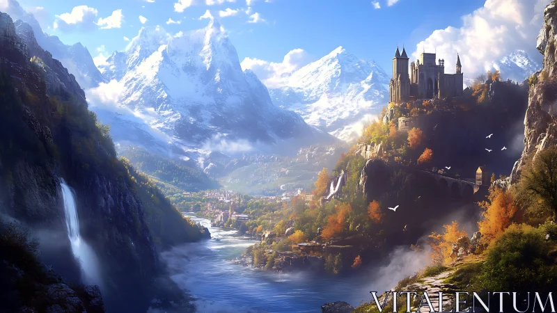 Mountain river valley with cliffside castle and waterfalls.