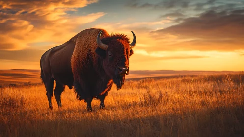 Golden prairie sunset welcomes a calm, majestic bison