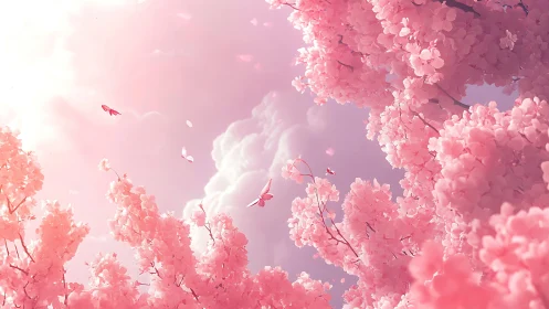 Soft pink cherry blossoms with butterflies in sunlight.