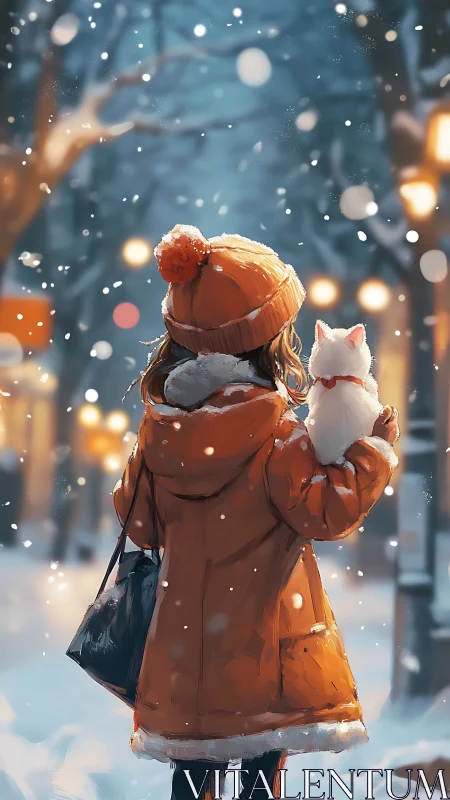 Girl in orange coat holding white cat in snowy street scene.