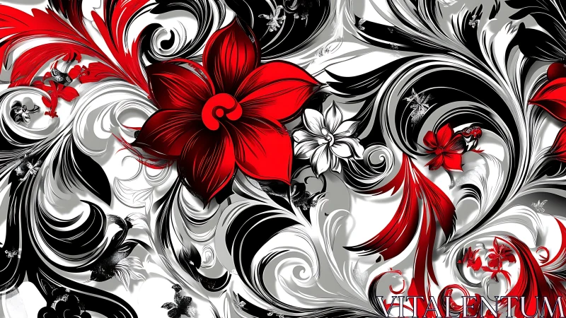 Red floral swirls bloom over bold black and silver waves