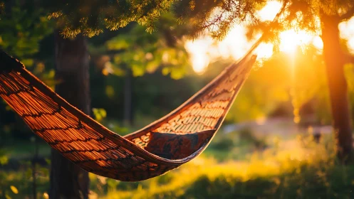 Woven hammock suspended between trees at sunset.