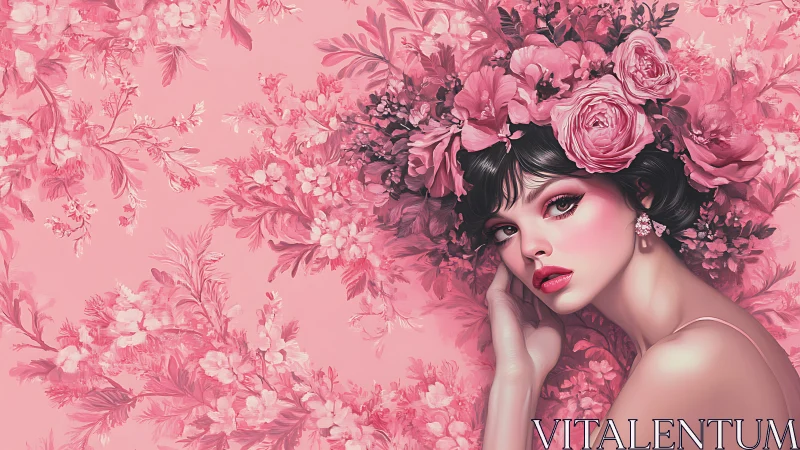 Monochrome rose-toned portrait with dense floral field integration.