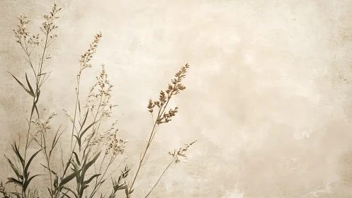Minimal dried wild grass on textured beige background wall.