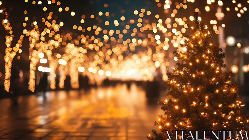 Street scene displays decorated tree and defocused string lights