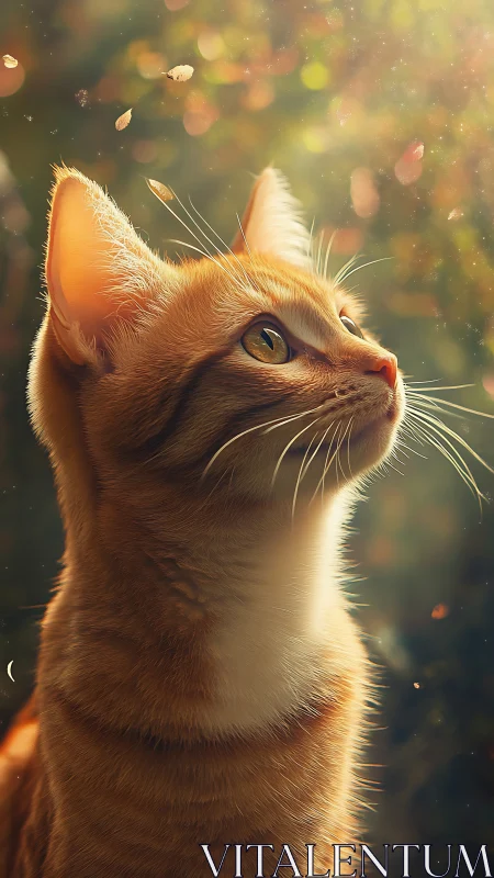 Orange tabby cat gazing upward with golden sunlit bokeh background