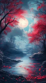 Full moon illuminates crimson forest river at twilight