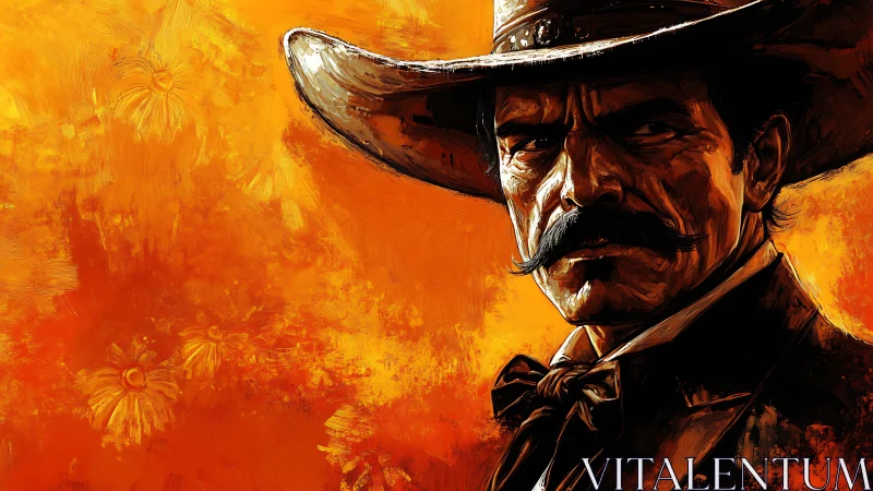 Mustached gunslinger in molten sunset brushstrokes glare.