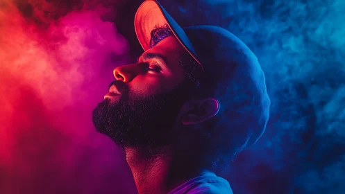 Bicolor vapor portrait under opposing magenta cyan gels.